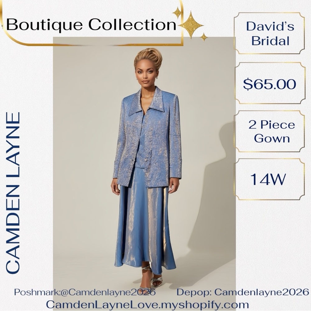 David's Bridal Metallic Blue Two-Piece Dress with Gold Highlights
